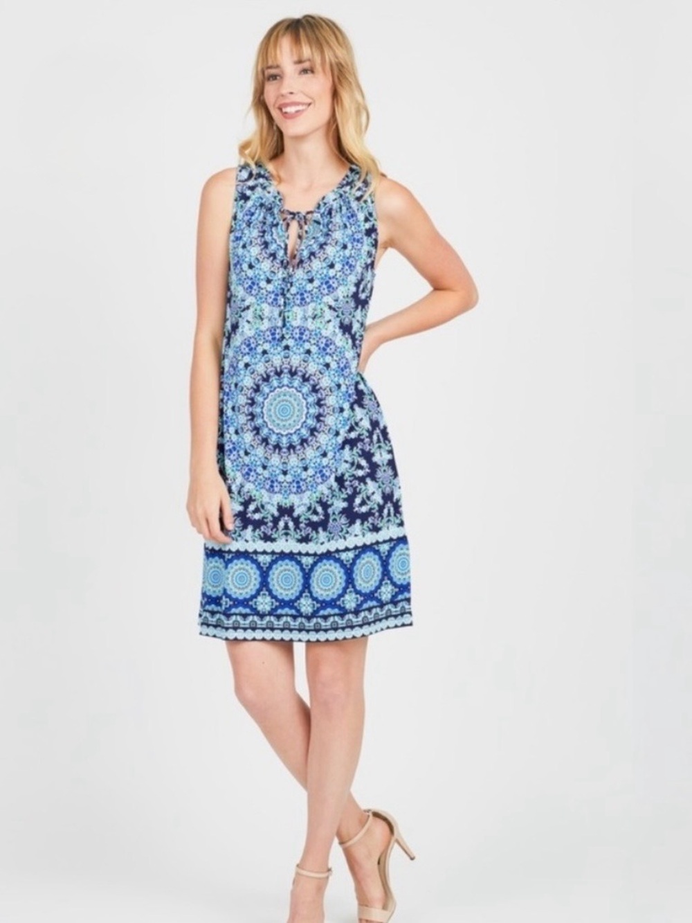 London Times Tie Neck Shift Dress